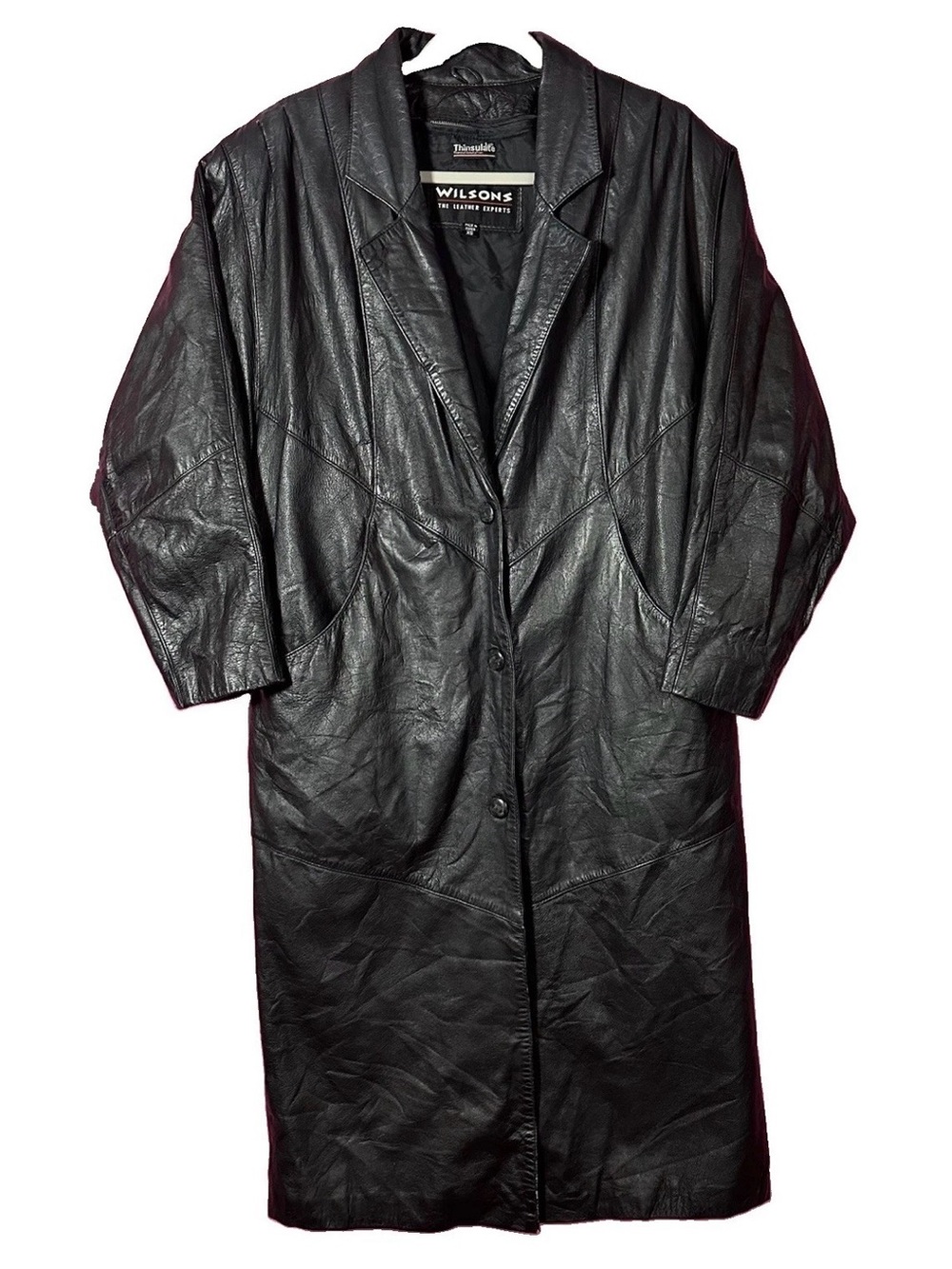 Wilsons Thinsulate Black Genuine Leather Trench Coat XS Removable Lining Vintage